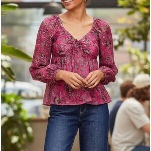 NWT LOFT Womens Sz 12 Pink Floral Long Sleeve Shimmer Boho Peasant Blouse Top